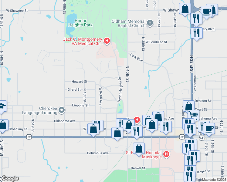 map of restaurants, bars, coffee shops, grocery stores, and more near 509 Honor Heights Drive in Muskogee