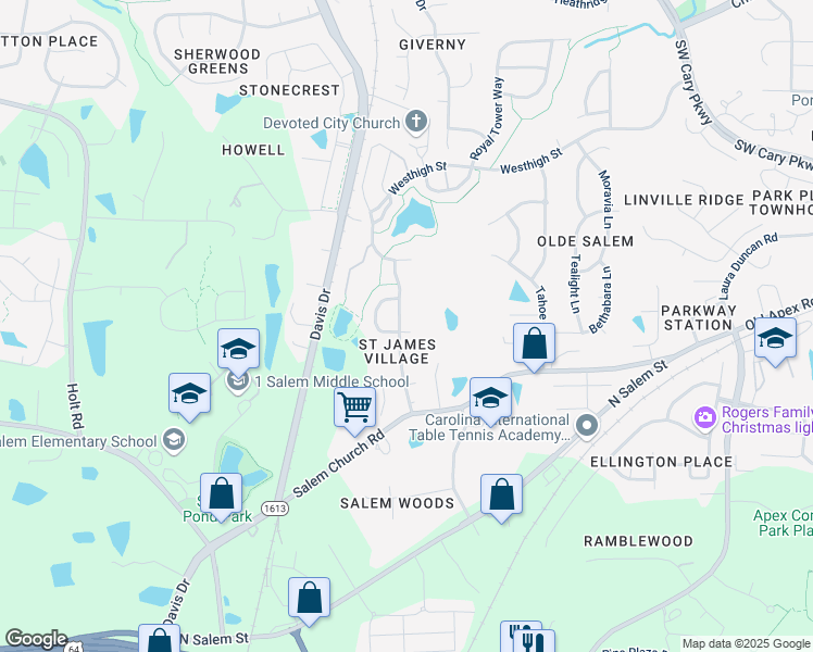 map of restaurants, bars, coffee shops, grocery stores, and more near 900 City Walls Street in Cary