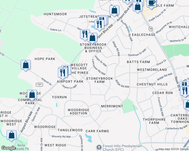 map of restaurants, bars, coffee shops, grocery stores, and more near 3317 Brook Lane Northwest in Wilson