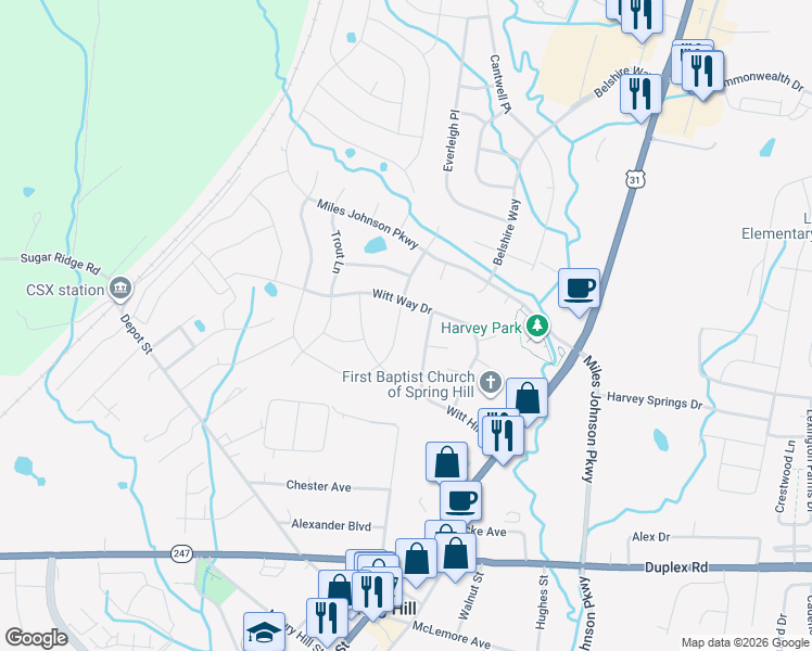 map of restaurants, bars, coffee shops, grocery stores, and more near 2018 Autumn Ridge Way in Spring Hill