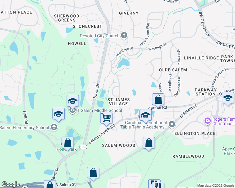 map of restaurants, bars, coffee shops, grocery stores, and more near 900 City Walls Street in Cary