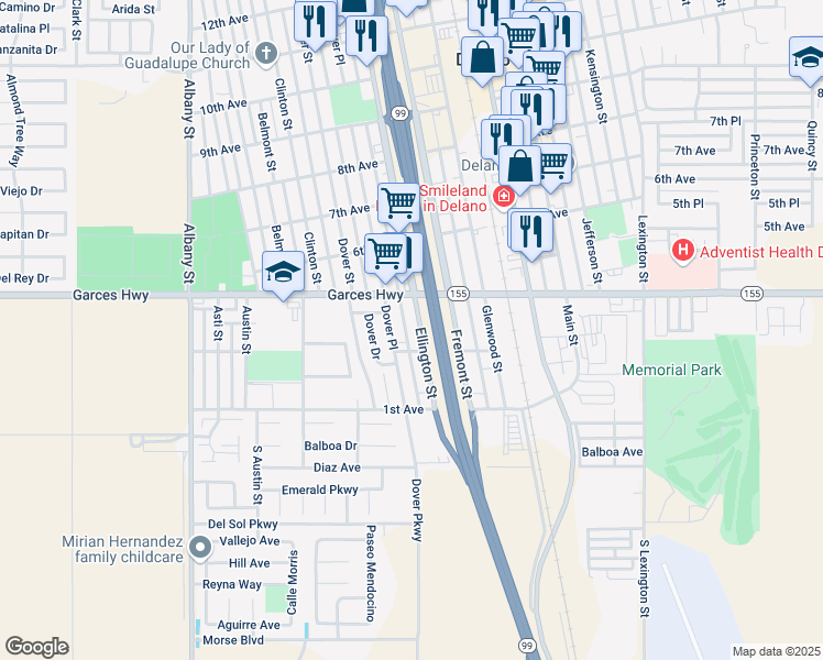 map of restaurants, bars, coffee shops, grocery stores, and more near 309 Ellington Street in Delano