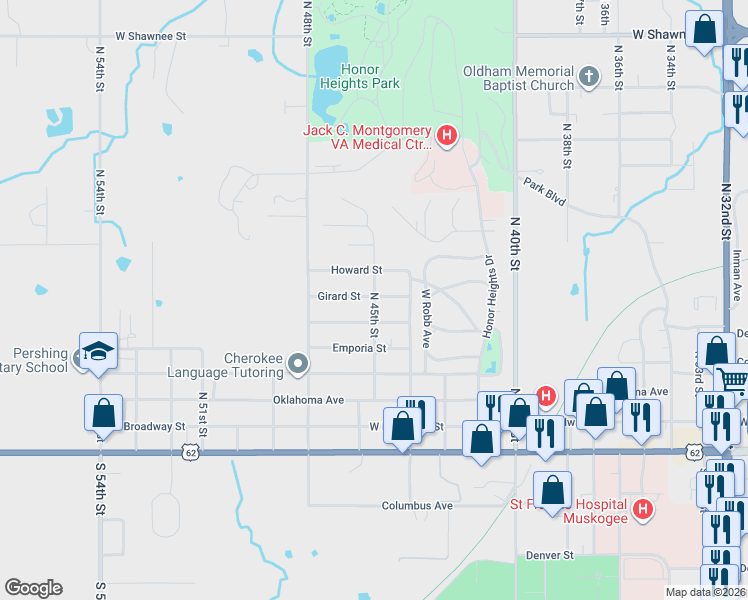 map of restaurants, bars, coffee shops, grocery stores, and more near 4501 Girard Street in Muskogee