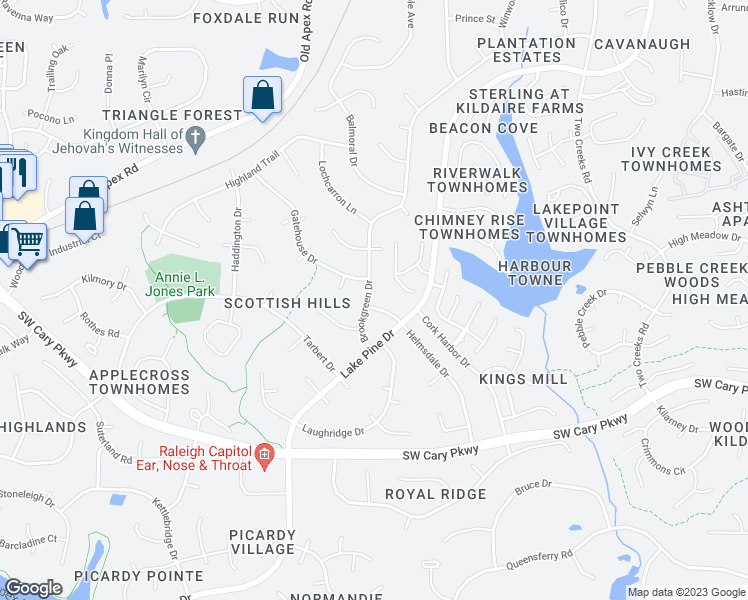 map of restaurants, bars, coffee shops, grocery stores, and more near 1219 Brookgreen Drive in Cary