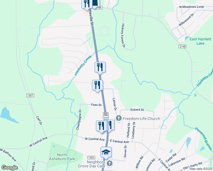 map of restaurants, bars, coffee shops, grocery stores, and more near 2138 North Fayetteville Street in Asheboro