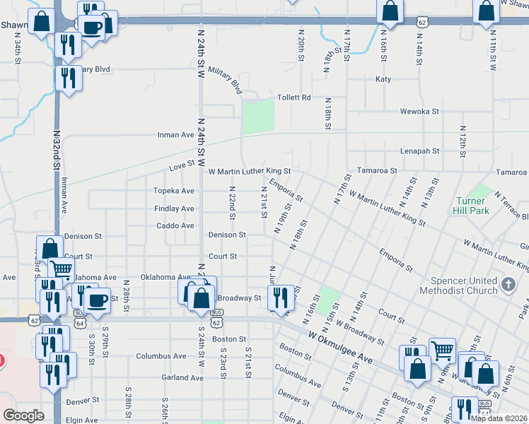 map of restaurants, bars, coffee shops, grocery stores, and more near 598 North 21st Street in Muskogee