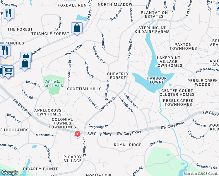 map of restaurants, bars, coffee shops, grocery stores, and more near 1219 Brookgreen Drive in Cary