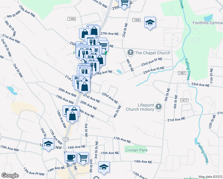 map of restaurants, bars, coffee shops, grocery stores, and more near 2230 2nd Street Northeast in Hickory