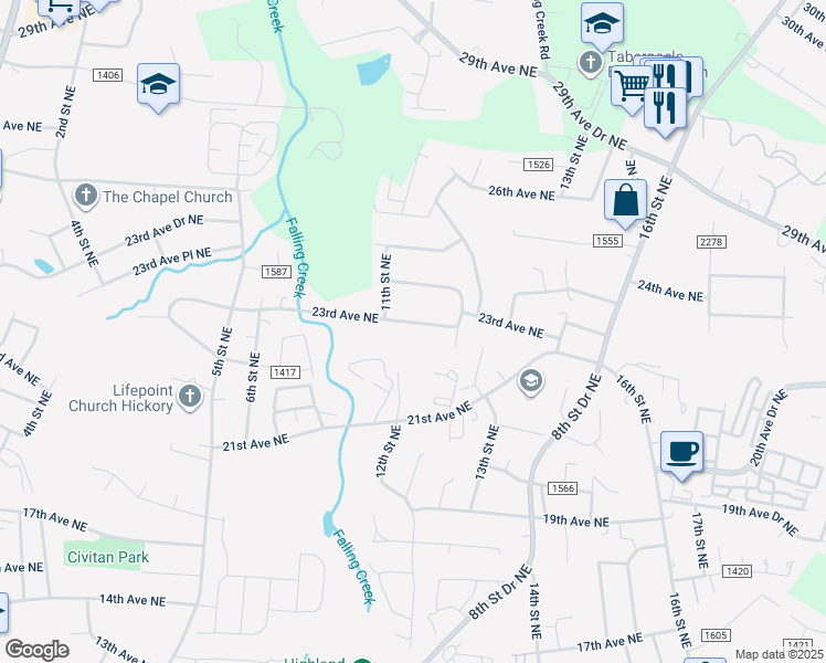map of restaurants, bars, coffee shops, grocery stores, and more near 936 23rd Avenue Northeast in Hickory
