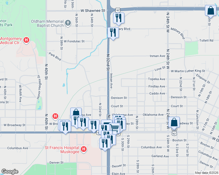 map of restaurants, bars, coffee shops, grocery stores, and more near 600 North 32nd Street in Muskogee
