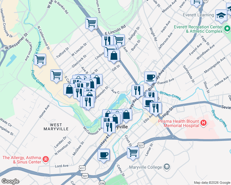 map of restaurants, bars, coffee shops, grocery stores, and more near 453 Greenbelt Drive in Maryville