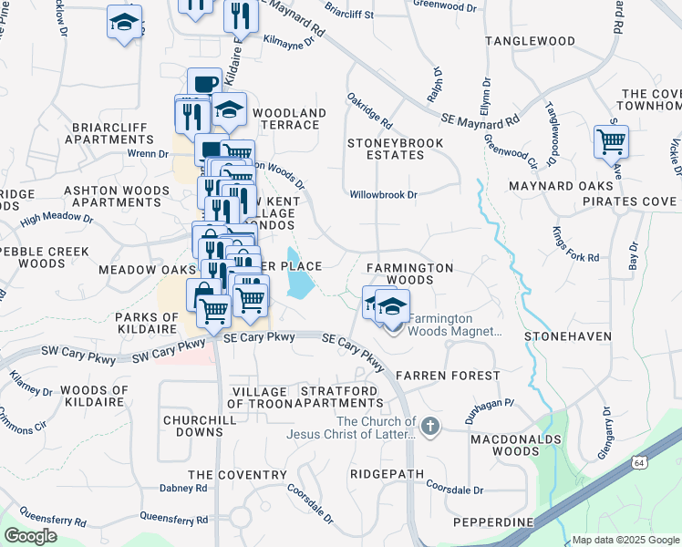 map of restaurants, bars, coffee shops, grocery stores, and more near 107 Overview Lane in Cary