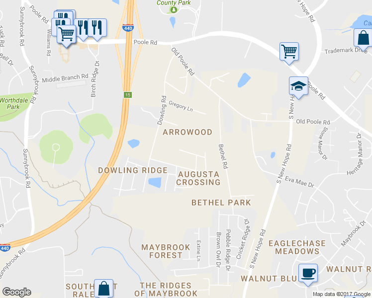 map of restaurants, bars, coffee shops, grocery stores, and more near 4017 Green Jacket Trail in Raleigh