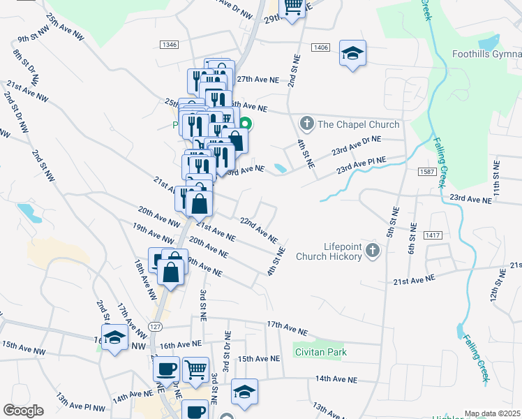map of restaurants, bars, coffee shops, grocery stores, and more near 2230 2nd Street Northeast in Hickory