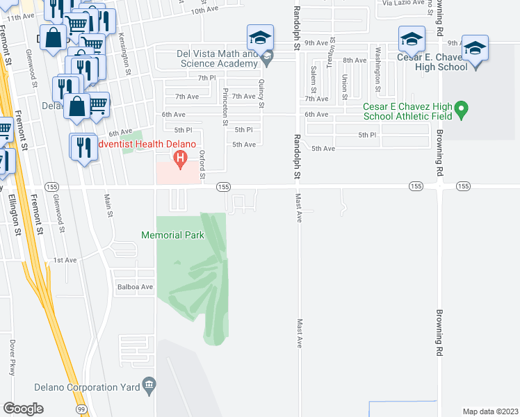 map of restaurants, bars, coffee shops, grocery stores, and more near 1640 Garces Highway in Delano