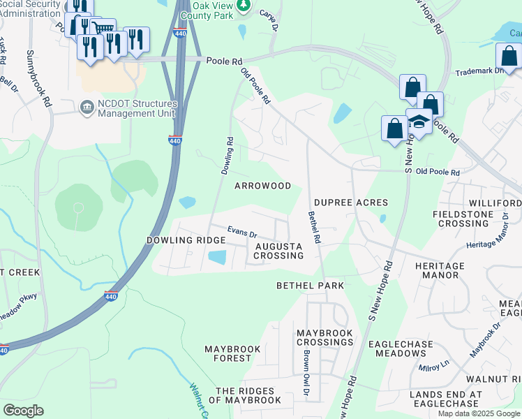 map of restaurants, bars, coffee shops, grocery stores, and more near 4017 Green Jacket Trail in Raleigh