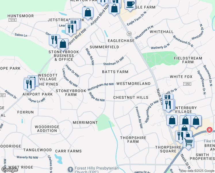 map of restaurants, bars, coffee shops, grocery stores, and more near 2612 Buckingham Road Northwest in Wilson