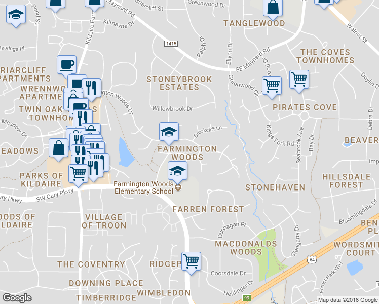 map of restaurants, bars, coffee shops, grocery stores, and more near 417 Farmstead Drive in Cary