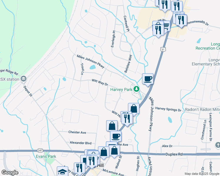 map of restaurants, bars, coffee shops, grocery stores, and more near 1761 Witt Way Drive in Spring Hill