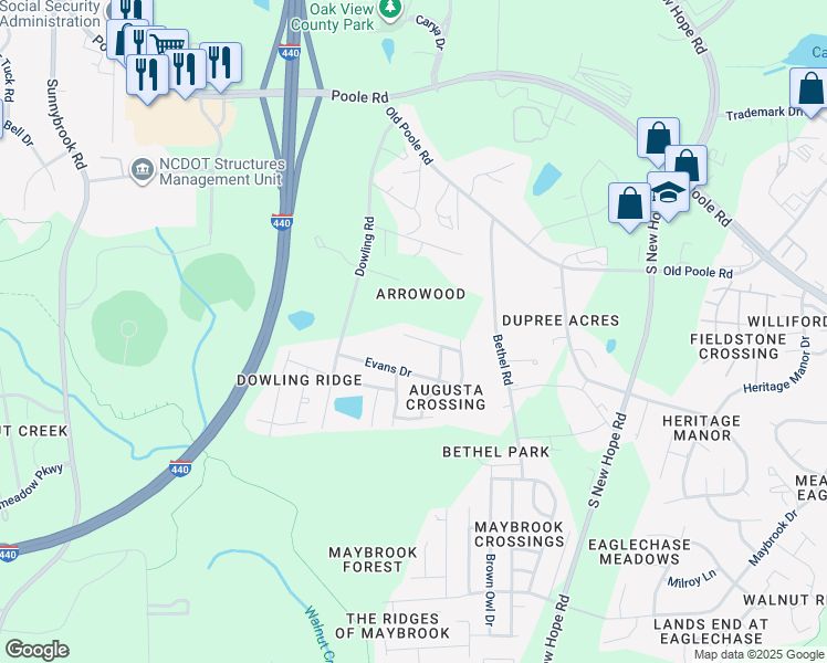 map of restaurants, bars, coffee shops, grocery stores, and more near 4013 Green Jacket Trail in Raleigh
