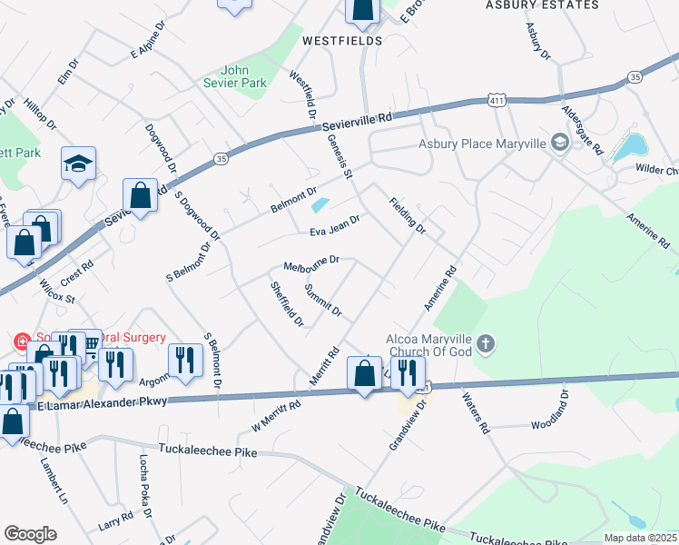 map of restaurants, bars, coffee shops, grocery stores, and more near 418 Greenhill Drive in Maryville