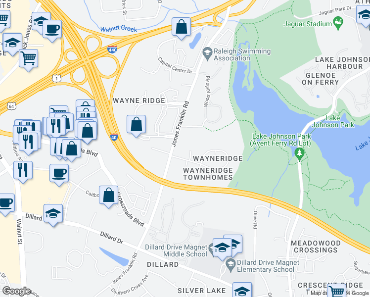 map of restaurants, bars, coffee shops, grocery stores, and more near 1504 Mary Frances Place in Raleigh