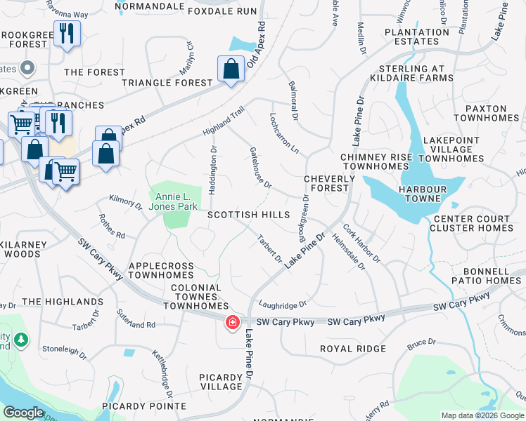 map of restaurants, bars, coffee shops, grocery stores, and more near 1207 Linton Court in Cary