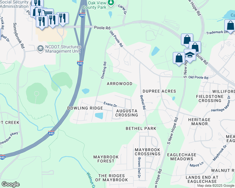 map of restaurants, bars, coffee shops, grocery stores, and more near 4013 Green Jacket Trail in Raleigh