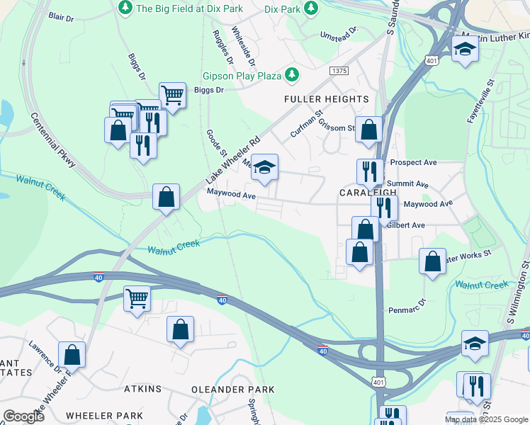 map of restaurants, bars, coffee shops, grocery stores, and more near 1620 Ella Wiggins Way in Raleigh