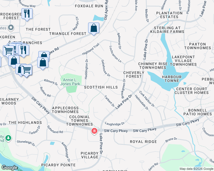 map of restaurants, bars, coffee shops, grocery stores, and more near 1207 Linton Court in Cary