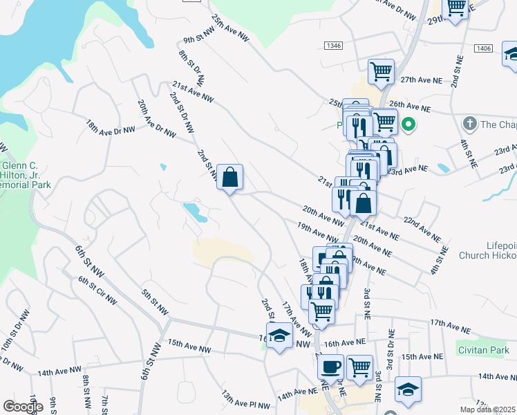 map of restaurants, bars, coffee shops, grocery stores, and more near 163 19th Avenue Northwest in Hickory