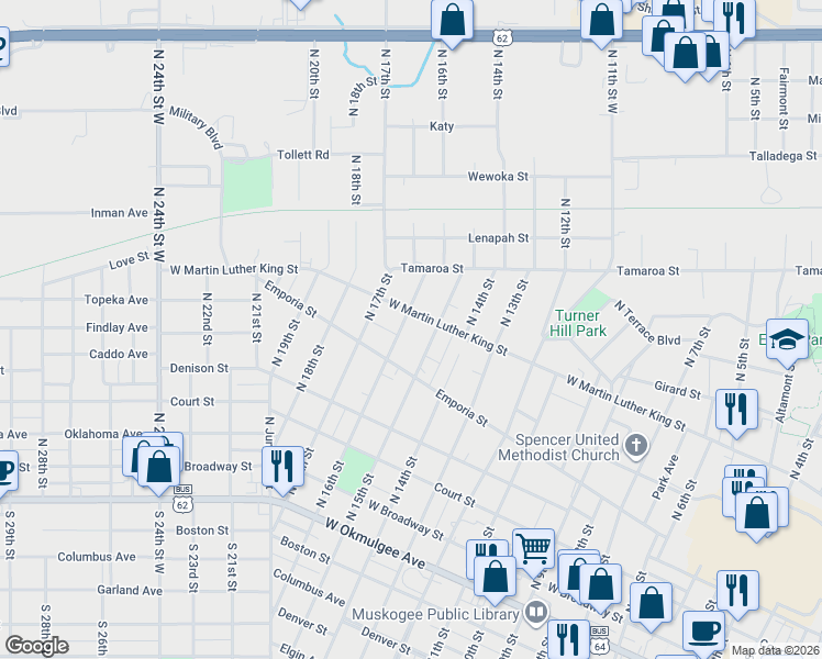map of restaurants, bars, coffee shops, grocery stores, and more near 557 North 15th Street in Muskogee