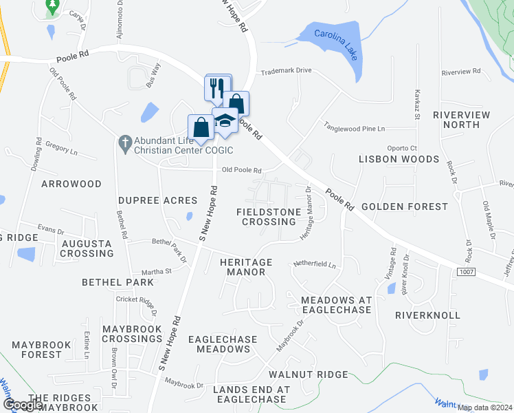 map of restaurants, bars, coffee shops, grocery stores, and more near 1303 Stone Manor Drive in Raleigh