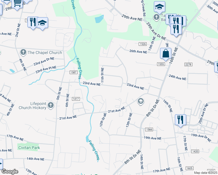 map of restaurants, bars, coffee shops, grocery stores, and more near 936 23rd Avenue Northeast in Hickory