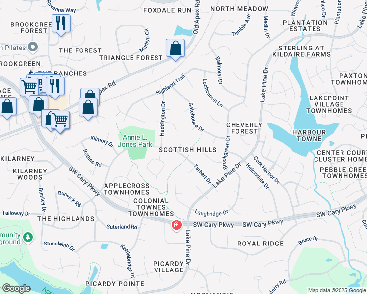 map of restaurants, bars, coffee shops, grocery stores, and more near 104 Brodick Court in Cary