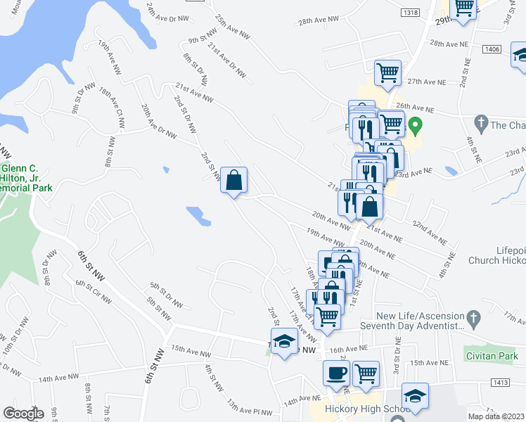 map of restaurants, bars, coffee shops, grocery stores, and more near 163 19th Avenue Northwest in Hickory