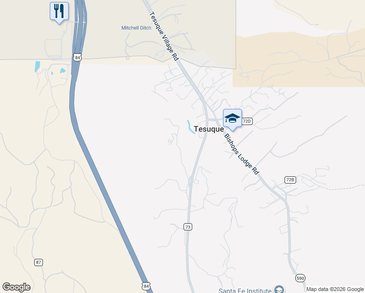 map of restaurants, bars, coffee shops, grocery stores, and more near 18 Glowing Star Road in Santa Fe