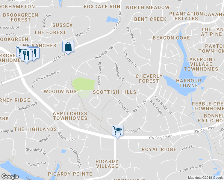 map of restaurants, bars, coffee shops, grocery stores, and more near 104 Brodick Court in Cary