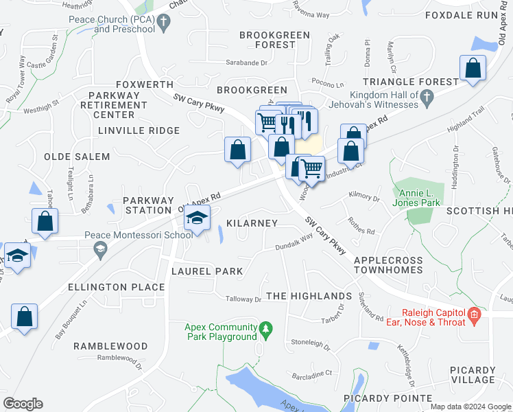 map of restaurants, bars, coffee shops, grocery stores, and more near 2008 Kilarney Ridge Loop in Cary