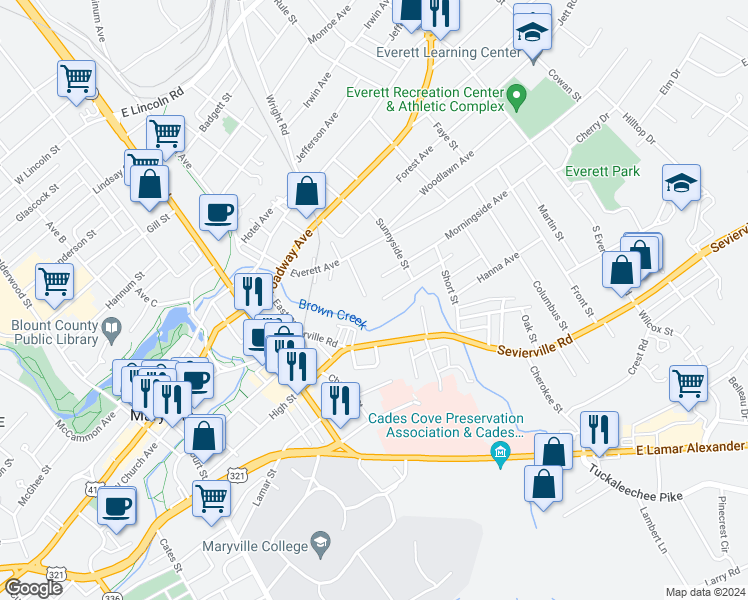 map of restaurants, bars, coffee shops, grocery stores, and more near 1103 Brookside Avenue in Maryville