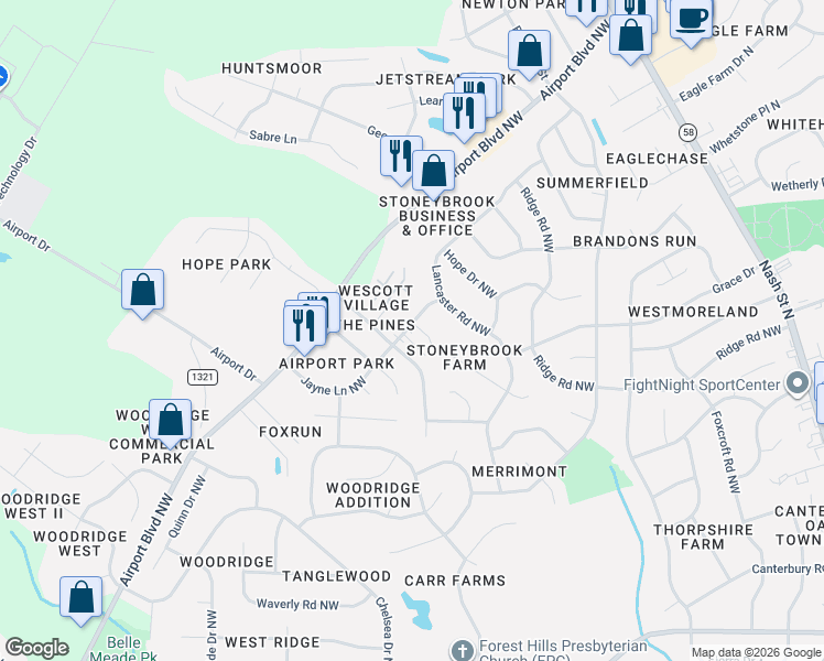 map of restaurants, bars, coffee shops, grocery stores, and more near 3407 Jayne Lane Northwest in Wilson