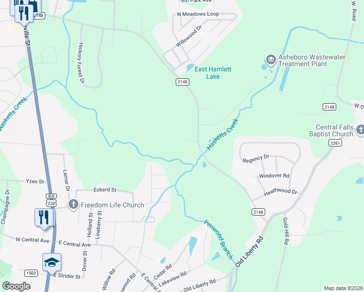 map of restaurants, bars, coffee shops, grocery stores, and more near 472 Angus Trail in Randleman