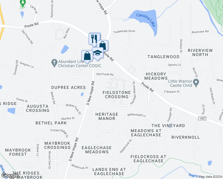 map of restaurants, bars, coffee shops, grocery stores, and more near 1301 Stone Manor Drive in Raleigh