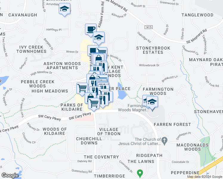 map of restaurants, bars, coffee shops, grocery stores, and more near 222 Hanover Place in Cary