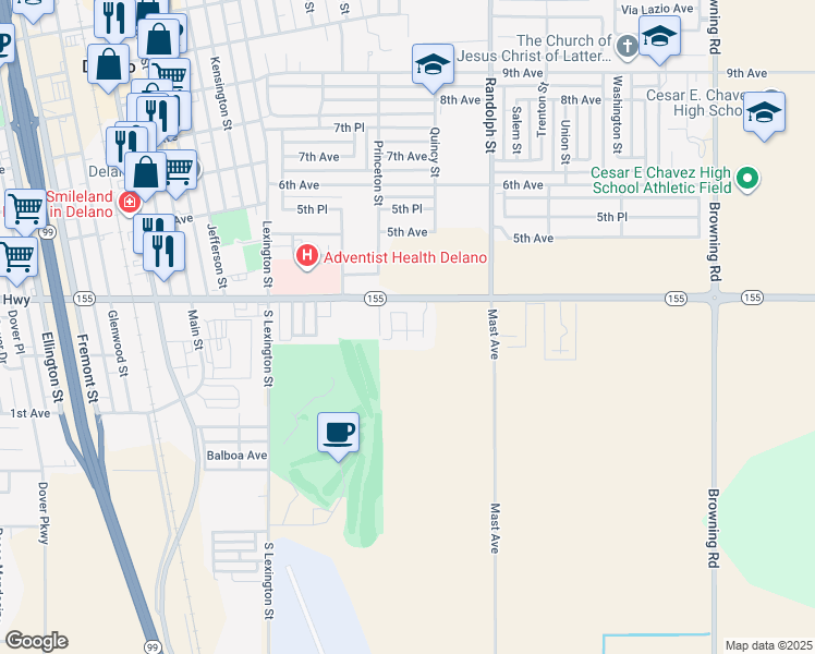map of restaurants, bars, coffee shops, grocery stores, and more near 1640 Garces Highway in Delano