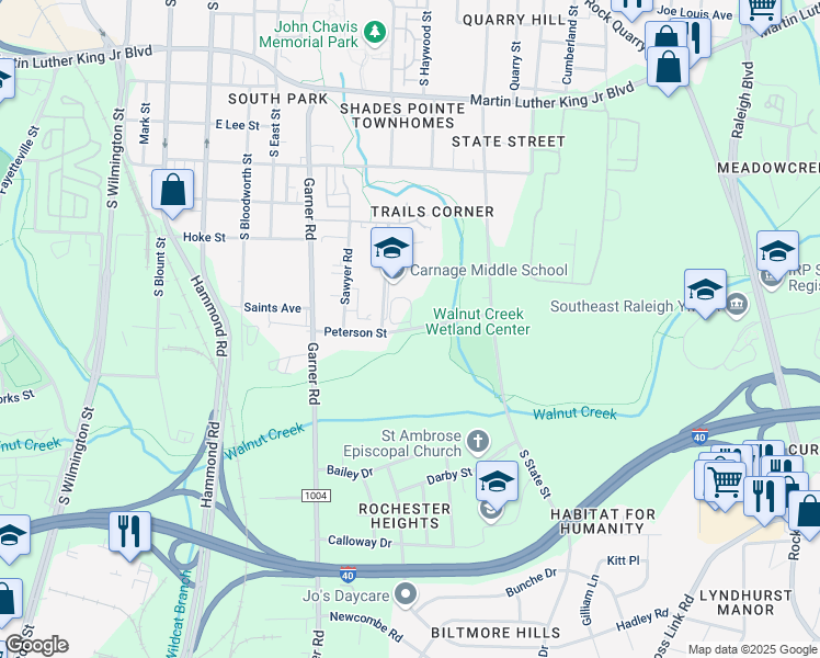 map of restaurants, bars, coffee shops, grocery stores, and more near Walnut Creek Trail in Raleigh
