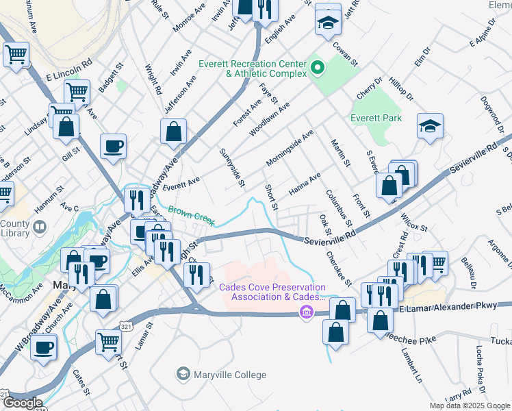 map of restaurants, bars, coffee shops, grocery stores, and more near 815 Holly Street in Maryville
