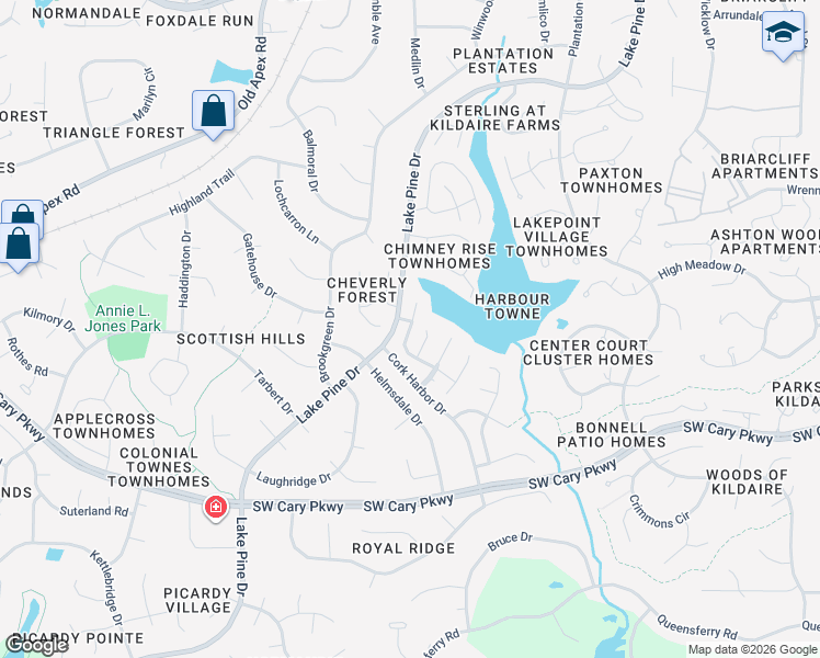 map of restaurants, bars, coffee shops, grocery stores, and more near 202 Mainsail Drive in Cary