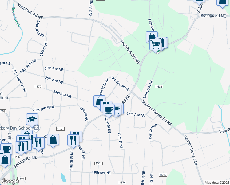 map of restaurants, bars, coffee shops, grocery stores, and more near 2554 31st Street Drive Northeast in Hickory