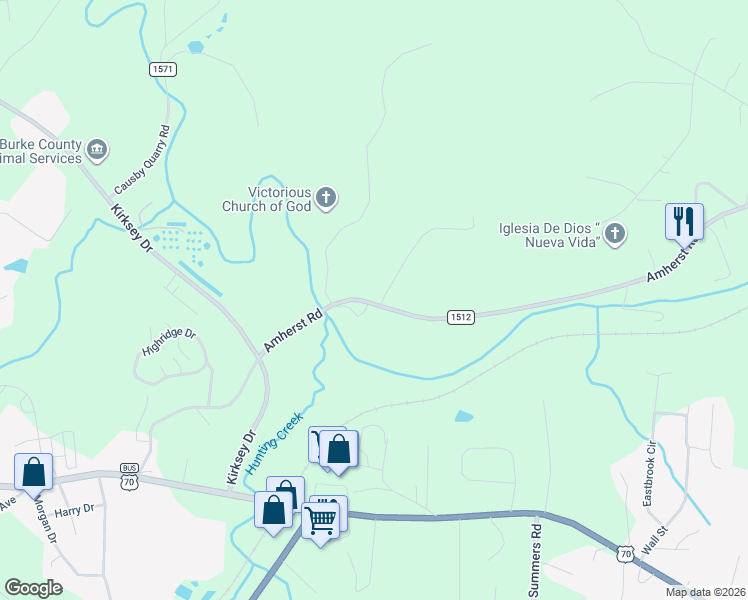 map of restaurants, bars, coffee shops, grocery stores, and more near 430 Amherst Road in Morganton